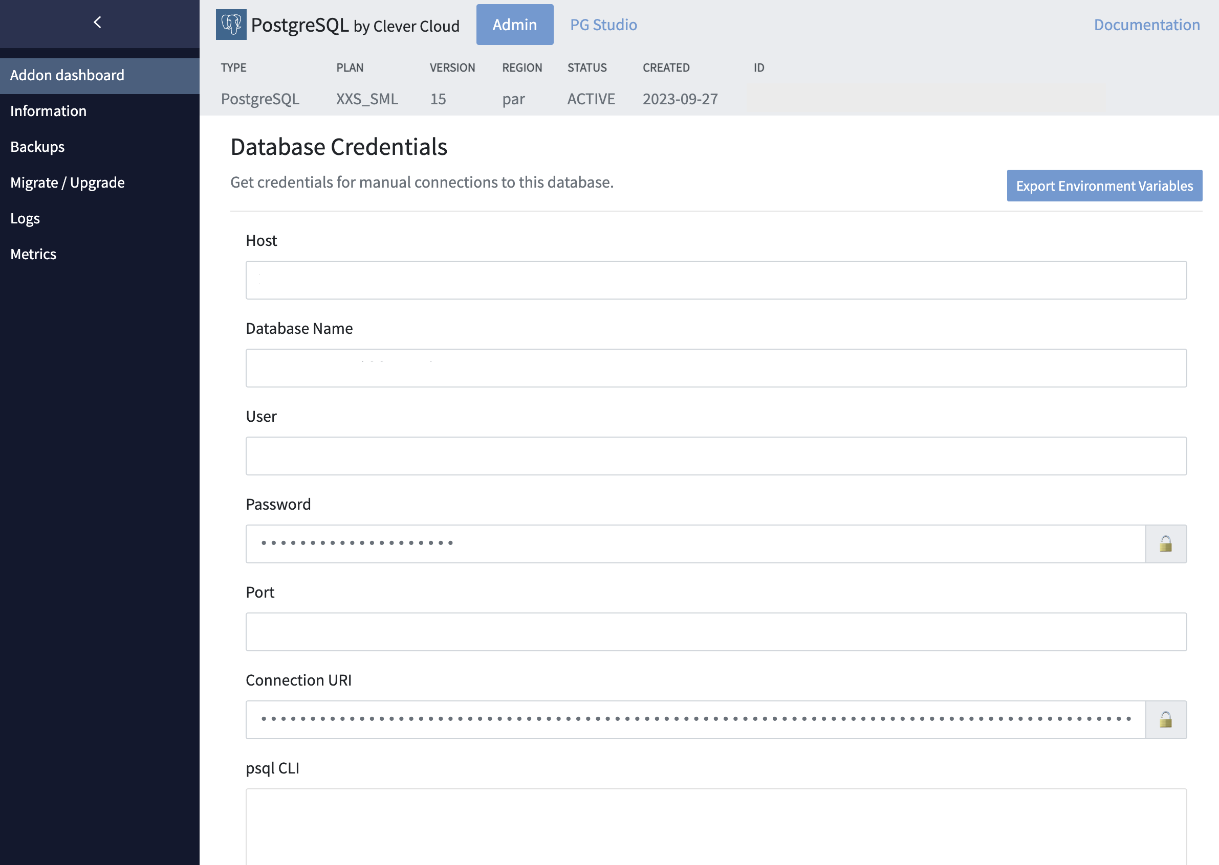Example of the dashoard tab of an add-on