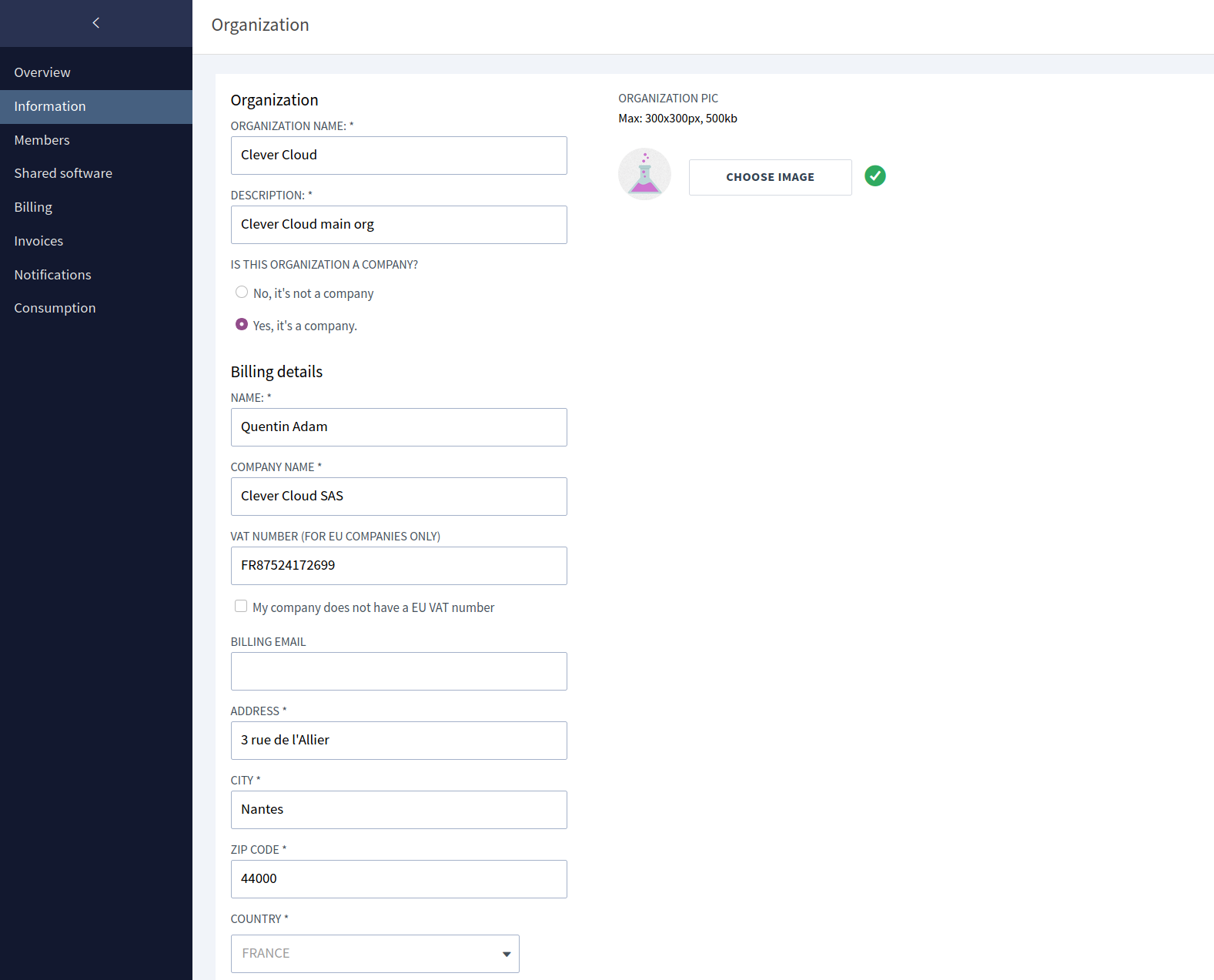 Clever Cloud Console: “Information menu from the organization”