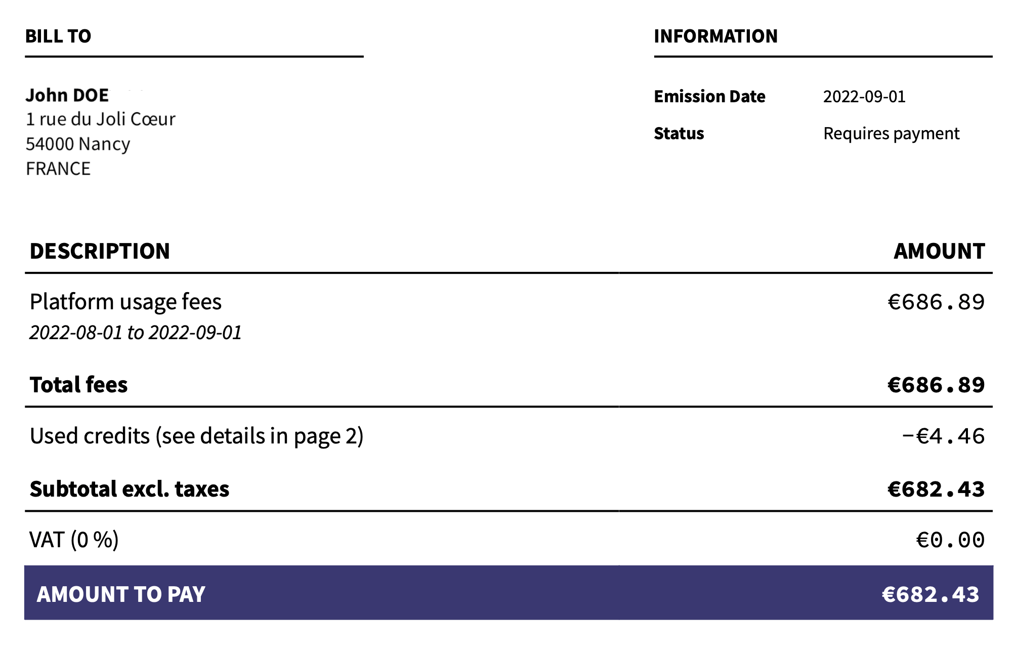 Second section of the invoice